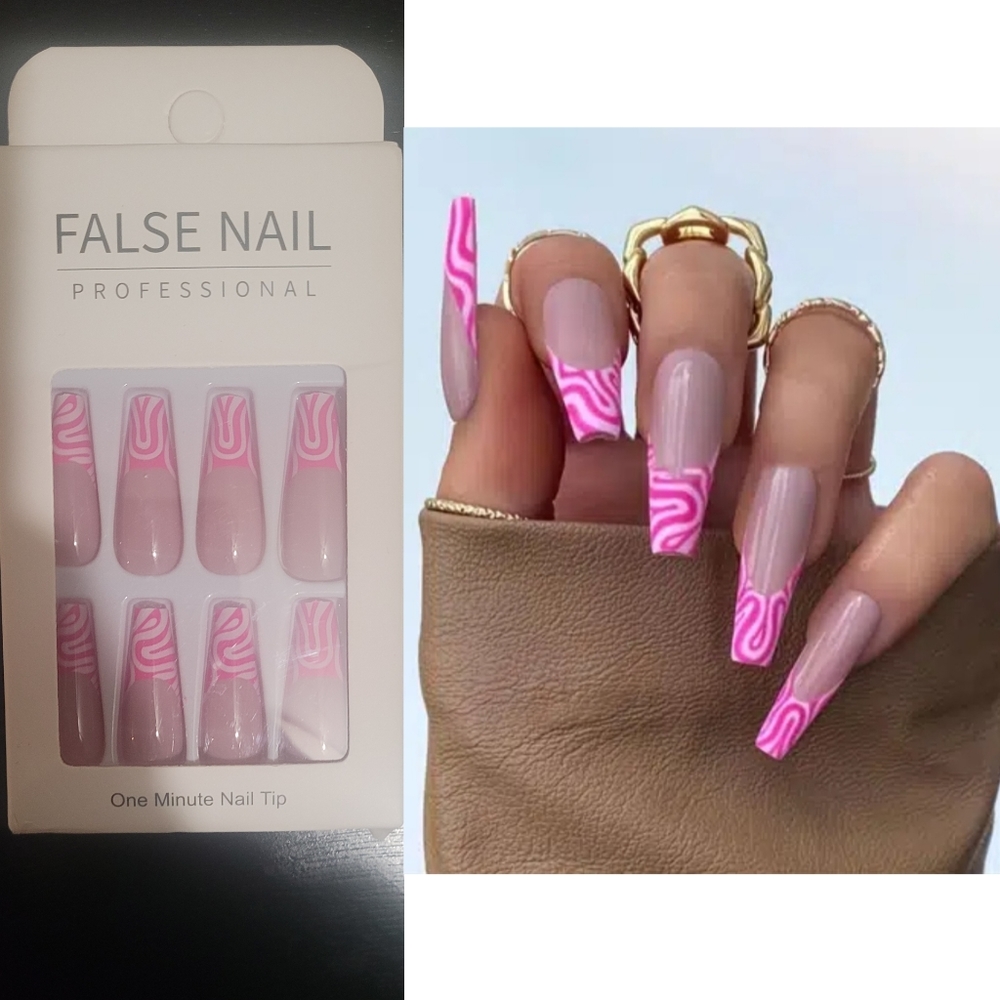 Pink & White Line Press on Nails